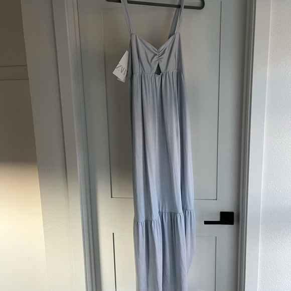 NWT - Zara Ice Blue Cotton Midi/ Maxi Dress with Cut Out and Flounce Hem sz L - Picture 4 of 10